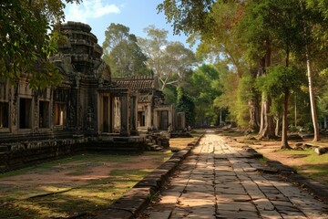 Obraz premium Detailed Angkor wat temple illustration. Asia ruin architecture monument face. Generate Ai