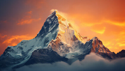 The mountains are covered in snow and the sun is setting behind them - obrazy, fototapety, plakaty