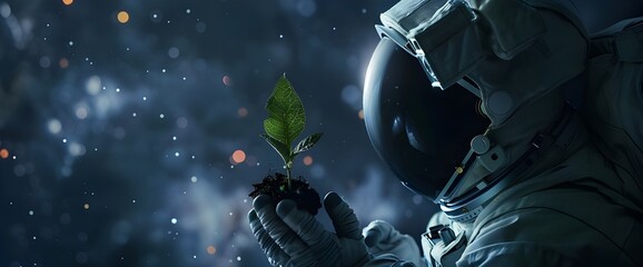 Planting trees in space, space, astronaut holding a sapling in hand, hope, wonders, discovery, Generative AI