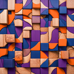Colorful wooden blocks puzzle background, abstract geometric shapes in orange, blue, and wood textures