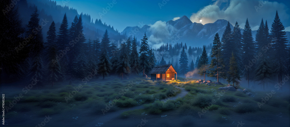 Wall mural night landscape with a starry sky and a small cabin in the mountains forest