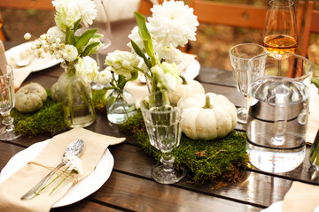 Close up photo of table setting in rustic style, romantic dinner