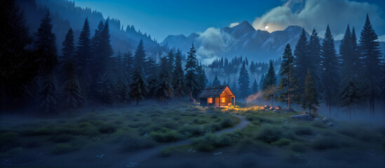 Night landscape with a starry sky and a small cabin in the mountains forest