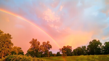 A painterly sky after a summer rain, a rainbow arching boldly across, weaving a tapestry of colors that inspire awe and wonder.