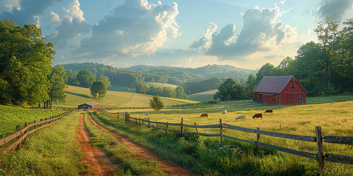 A image of a rural farmland landscape with rolling fields, barns, and grazing livestock, capturing the beauty of agricultural lifer