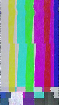 Retro TV Test Pattern Color Bars - Vintage Television Test Card Transmission - No Signal Broadcast With Glitch, Distortion, Noise, Static, Bad Interference Effects - Vertical Video