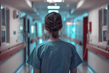 Nurse in scrub walking through hospital corridor