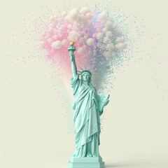 Statue of Liberty celebrates Independence Day with a vibrant 3D cartoon fireworks and smoke display.
