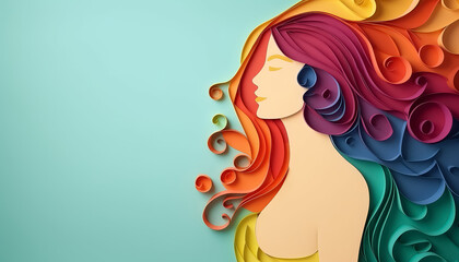 A woman with long, colorful rainbow hair is the main focus of the image - obrazy, fototapety, plakaty