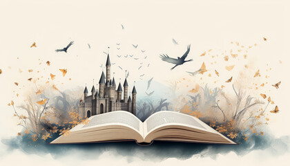 A book is open to a page with a castle and birds - Powered by Adobe