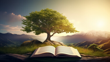 A book is open to a page with a tree on it - Powered by Adobe