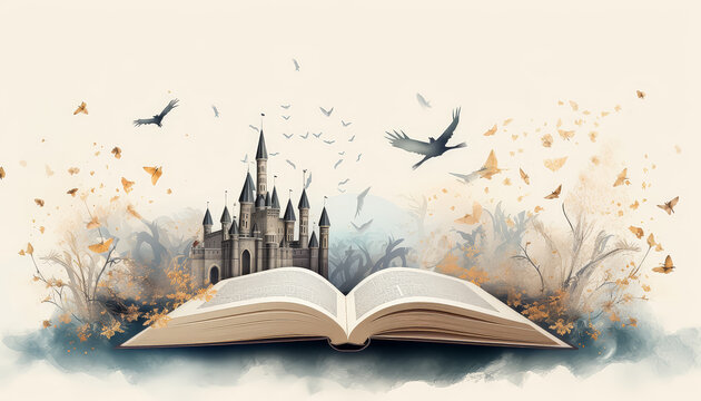 A book is open to a page with a castle and birds
