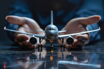 Aircraft on the airstrip with hands around it, representing aviation safety and precautionary measures for protection and coverage.