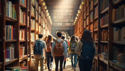 A group of people are walking through a library, some of them carrying backpacks - obrazy, fototapety, plakaty