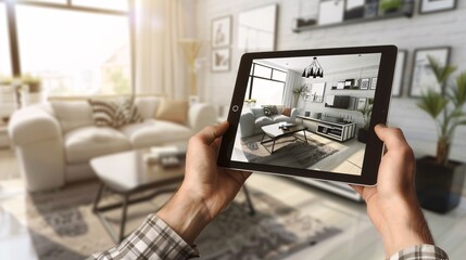 Interior Design Software Used to Select 3D Furniture for Home Decor by Man Using Digital Tablet. - obrazy, fototapety, plakaty