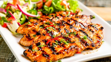 A platter of Grilled Thai Chicken, with char marks highlighted by the glow of the studio lights, accompanied by a vibrant side salad.