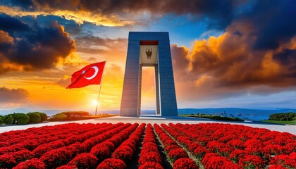 Martyrs Monument, 1915 first World War I. Çanakkale Gallipoli peninsula. Turkish flag 