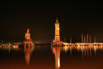 Famous harbor entry of Lindau at lake of Constance at a starry night