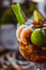Selective focus of a dish with shrimps