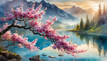 Watercolor illustration of pink blossom tree. Branches with pink flowers. Beautiful nature.