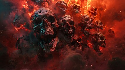 3D illustration of vicious metal monster heads in a modern thrash aesthetic. - obrazy, fototapety, plakaty