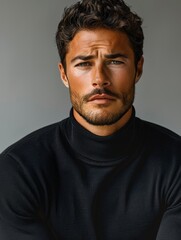 Obraz premium Handsome muscular manly male model, angry, brutal, 30 year old, short black hair, black bristle, dinamic pose, dressed in a black longsleeve 