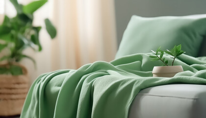 A green bedspread with a cup of tea and a leaf on it - obrazy, fototapety, plakaty