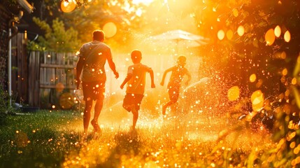 Obraz na płótnie Canvas A playful chase through a garden after a summer shower, the setting sun casting a golden light on the joyous family moment.
