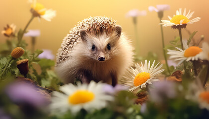 A white hedgehog is standing in a field of yellow flowers