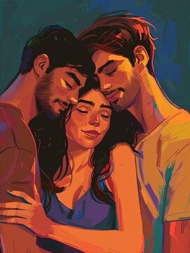 A polyamorous trio of individuals sharing love and connection with each other.