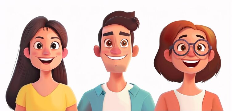 3D depictions of joyful individuals against a blank canvas, featuring animated male and female figures.