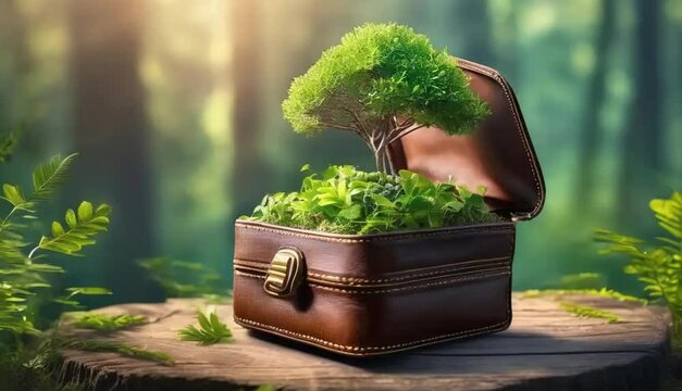 A vidéo manipulation of a wallet opening to reveal a miniature lush garden inside symbolizin