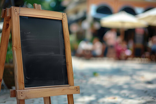Blank chalkboard stands on a wooden frame in a sunny outdoor café, inviting patrons to check the menu or daily specials while people enjoy their time in the background