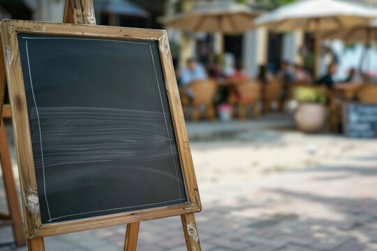  Blank restaurant shop sign or menu boards in summer beach, Blackboard sign mockup in front of a restaurant Signboard, freestanding A-frame blackboard