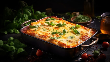 A large pan of lasagna with basil and tomatoes on top