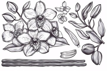 Bundle of hand-drawn vanilla orchid illustrations and spice pods on a plain background in a line art style with black ink.