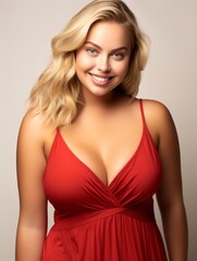 a beautiful fat blonde model woman posing in a light red summer dress, smile, 26 year old, bold style, half - body shot, simple and luxurious