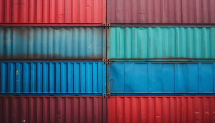 A row of blue and red shipping containers stacked on top of each other