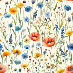 Wildflowers meadow, seamless pattern, watercolor, natural and whimsical . Seamless pattern, Fabric Pattern, Tumbler Wrap, Mug Wrap.	