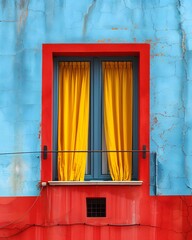 A minimalist illustration of window on the exterior of a building and a wall that plays with bold color contrast. between yellow blue and red Suitable for attracting attention, Communicate a message.