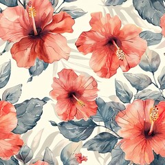 Exotic hibiscus seamless pattern, light watercolor strokes, tropical vibes. Seamless pattern, Fabric Pattern, Tumbler Wrap, Mug Wrap.	