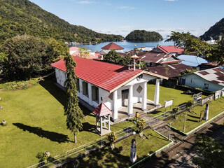 Aerial view of old church called Hollandische Kerk was built in the 1600s, Banda Naira. Maluku, Indonesia, April 13, 2024