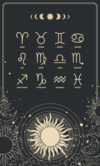 Horoscope card with 12 zodiac sign symbols on mystical black background with sun, mystical poster, magic cover. Vector illustration.