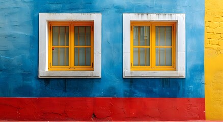 Fototapeta na wymiar A minimalist illustration of window on the exterior of a building and a wall that plays with bold color contrast. between yellow blue and red Suitable for attracting attention, Communicate a message.