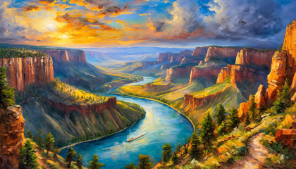 Oil painting on canvas of beautiful canyon landscape with mountains and blue river. Hand drawn art.