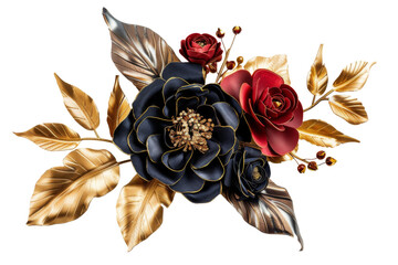 Glossy flowers bouquets and leaves with golden red, and black color luxury decoration element isolated on background, shiny botanical plant, summer beautiful bouquets.