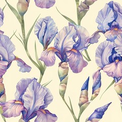 Light watercolor iris, seamless pattern, elegant and vibrant . Seamless pattern, Fabric Pattern, Tumbler Wrap, Mug Wrap.	