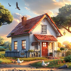 Rural cottage, Countryside home, Warm sunset, Quiet and cozy, Rural landscape