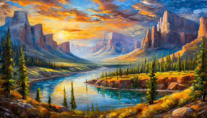 Oil painting on canvas of beautiful canyon landscape with mountains and blue river. Hand drawn art. - obrazy, fototapety, plakaty
