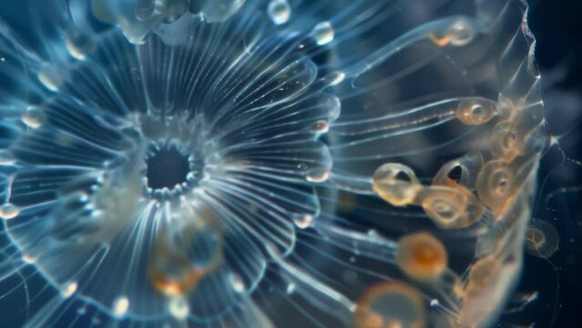 A detailed closeup of a rotifers wheellike structure with its delicate cilia gently swaying in the surrounding water. This specialized . AI generation.